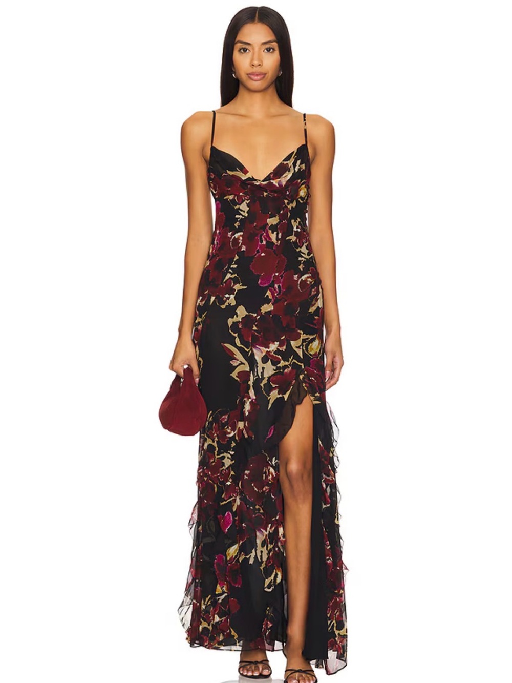 NICHOLAS Kamila Ruffle Cowl Gown in Water Color Floral Black
